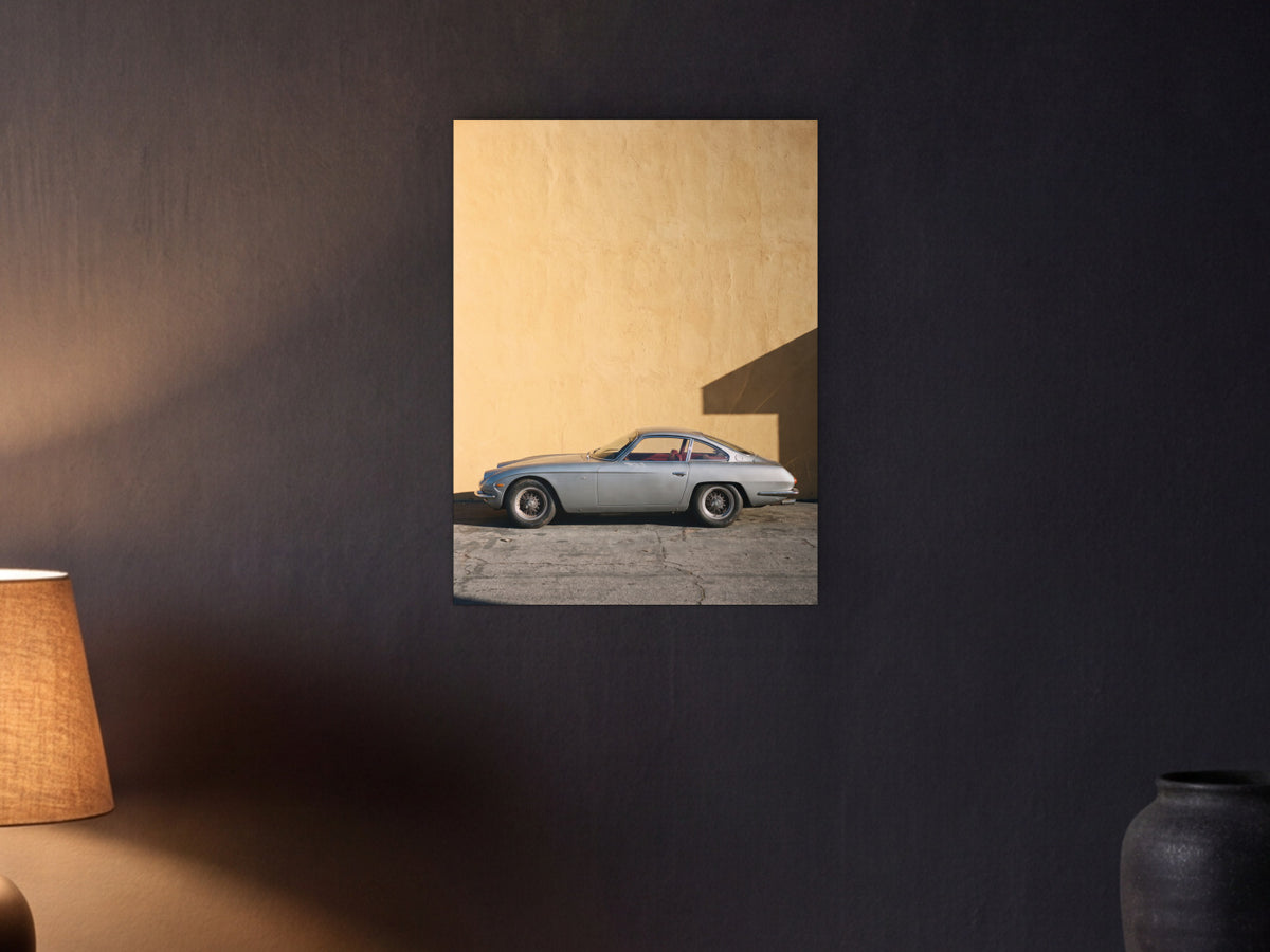 Lamborghini 350 GT - Ochre Wall shown in a graphite plaster wall at night, lit by a console lamp - scale render at 45 x 60 cm