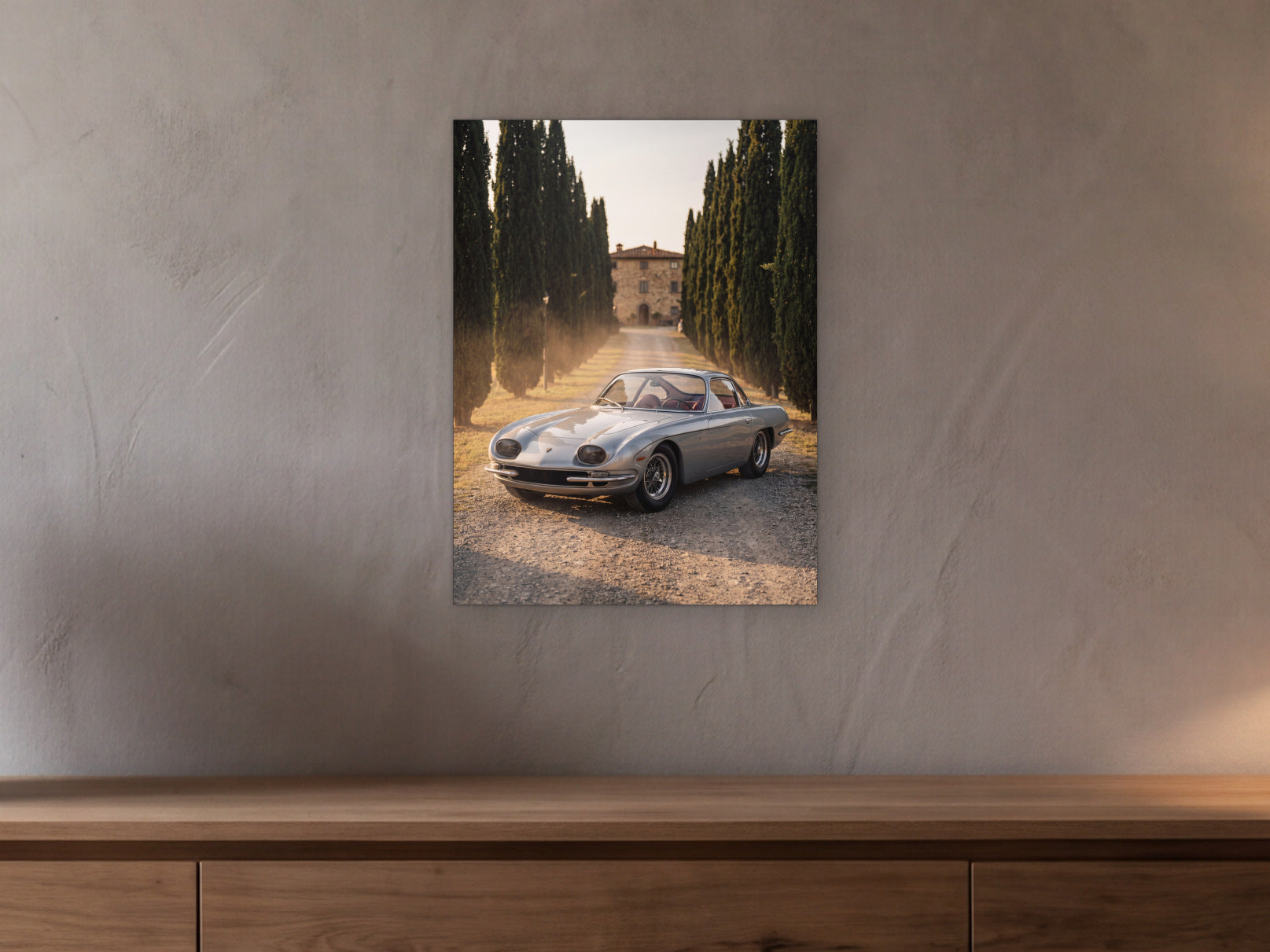 Lamborghini 350 GT - Cypress Avenue shown in a beamed room with a greige plaster wall above a long oak sideboard - scale render at 45 x 60 cm