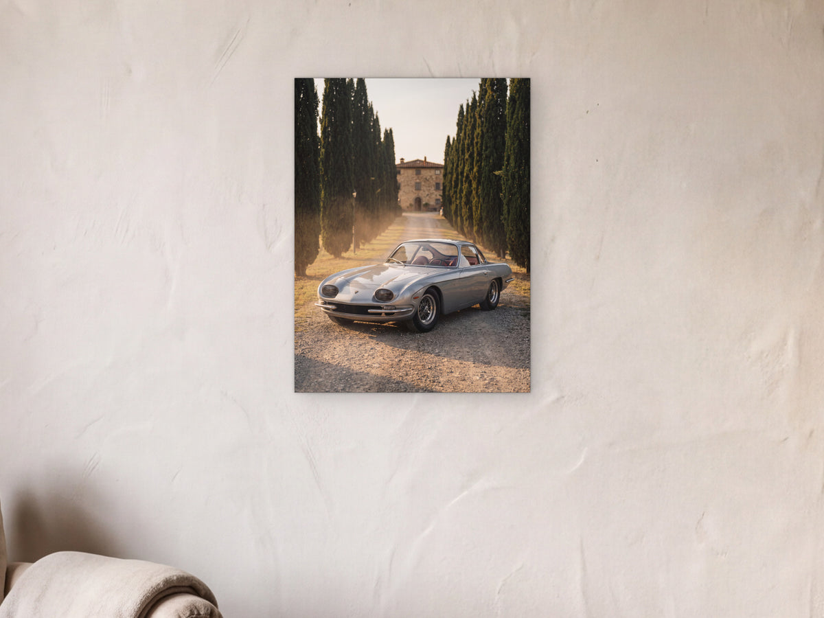 Lamborghini 350 GT - Cypress Avenue shown in a limewash reading corner beside an armchair and a floor lamp - scale render at 45 x 60 cm