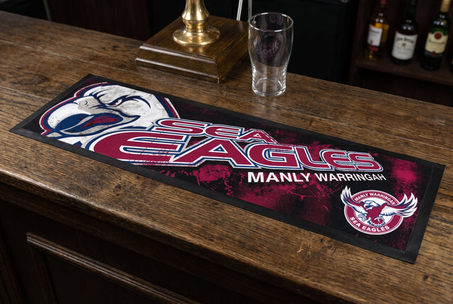 Manly Sea Eagles NRL Premium Rubber-Backed Bar Mat Runner on a bar top