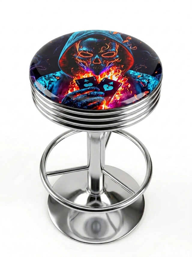 Flaming Skull Bar Stool, Chrome Base - KC Design