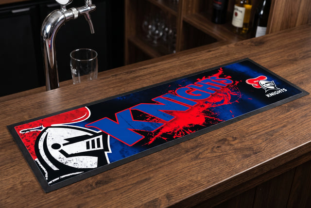 Newcastle Knights NRL Premium Rubber-Backed Bar Mat Runner on a bar top