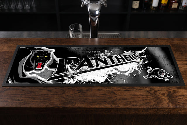 Penrith Panthers NRL Premium Rubber-Backed Bar Mat Runner on a bar top