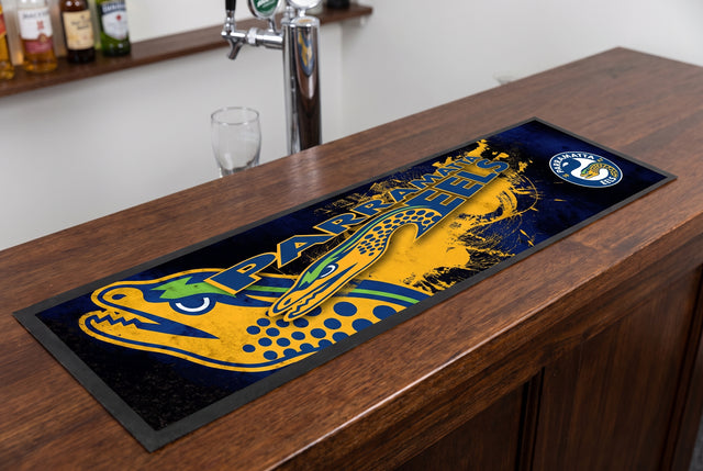 Parramatta Eels NRL Premium Rubber-Backed Bar Mat Runner on a bar top