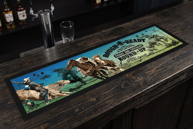 Rough And Ready Premium Rubber-Backed Bar Mat Runner on a bar top
