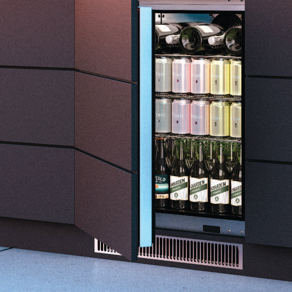 Blastcool iXP1-840-R open in charcoal alfresco cabinetry, wine laid down on the top shelf, cans on the middle shelves and beer bottles below, with the stainless ventilation grille across the kickboard