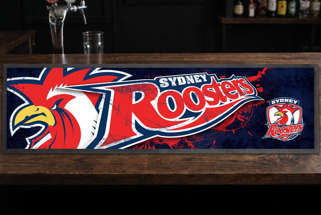 Sydney Roosters NRL Premium Rubber-Backed Bar Mat Runner on a bar top