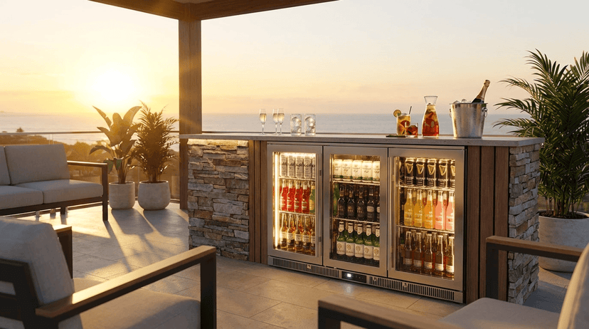 Rhino ENV3H 3-door outdoor bar fridge built into stone island at sunset alfresco