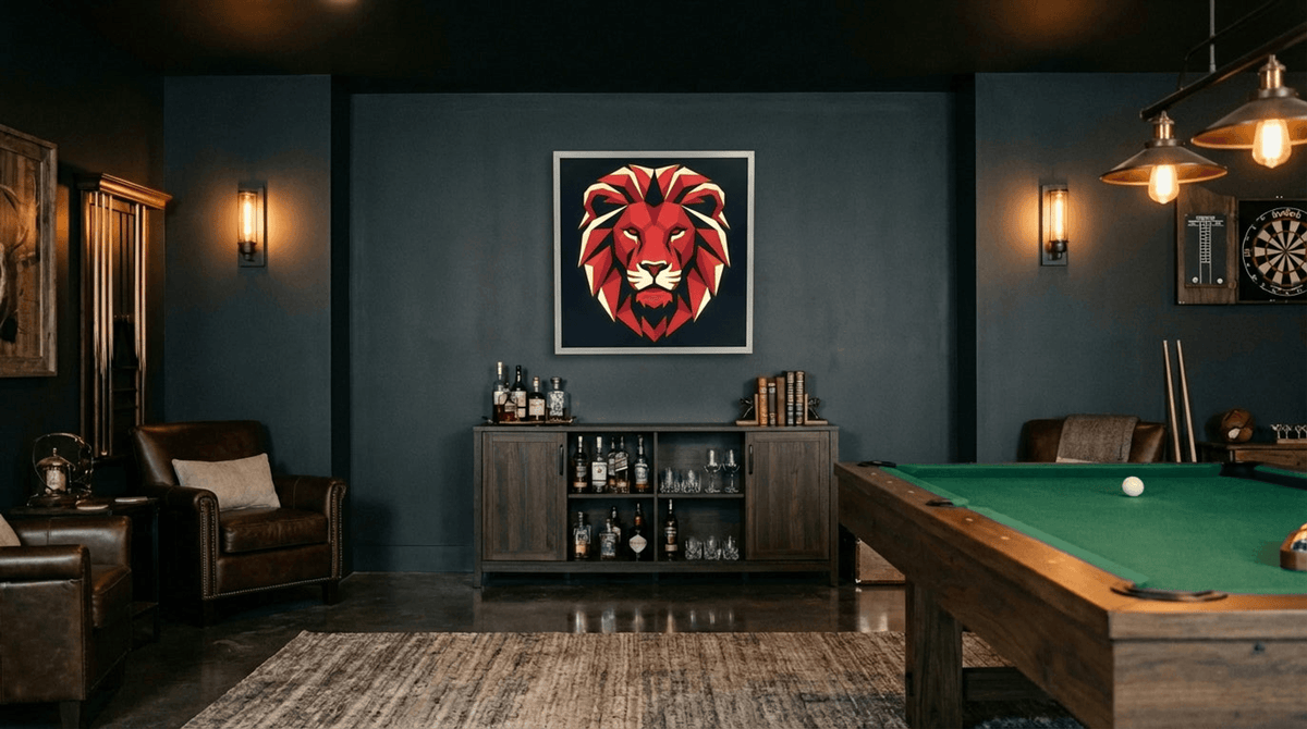 KC Lion Light Box in pool table room