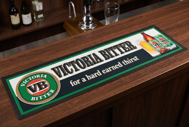 VB Victoria Bitter "Hard Earned Thirst" Rubber-Backed Bar Mat Runner on a bar top