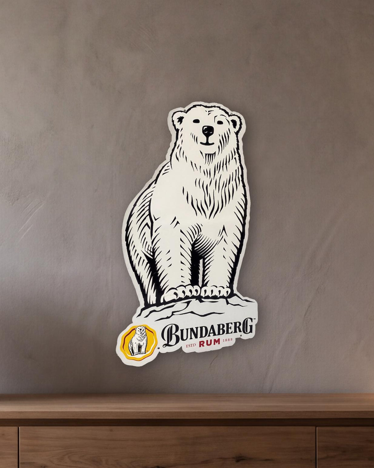 Bundy Bear Die-cut Retro Metal Sign - 500 x 850mm shown in a room with a long oak sideboard - scale render at 500 x 850mm