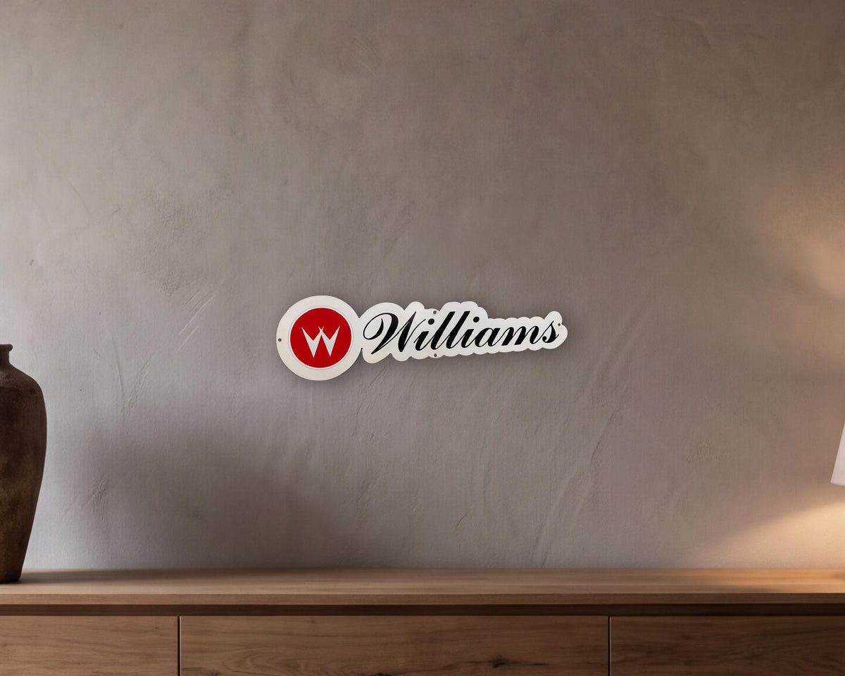 Williams Pinball Retro Metal Sign - 650 x 160mm shown in a room with a long oak sideboard - scale render at 650 x 160mm