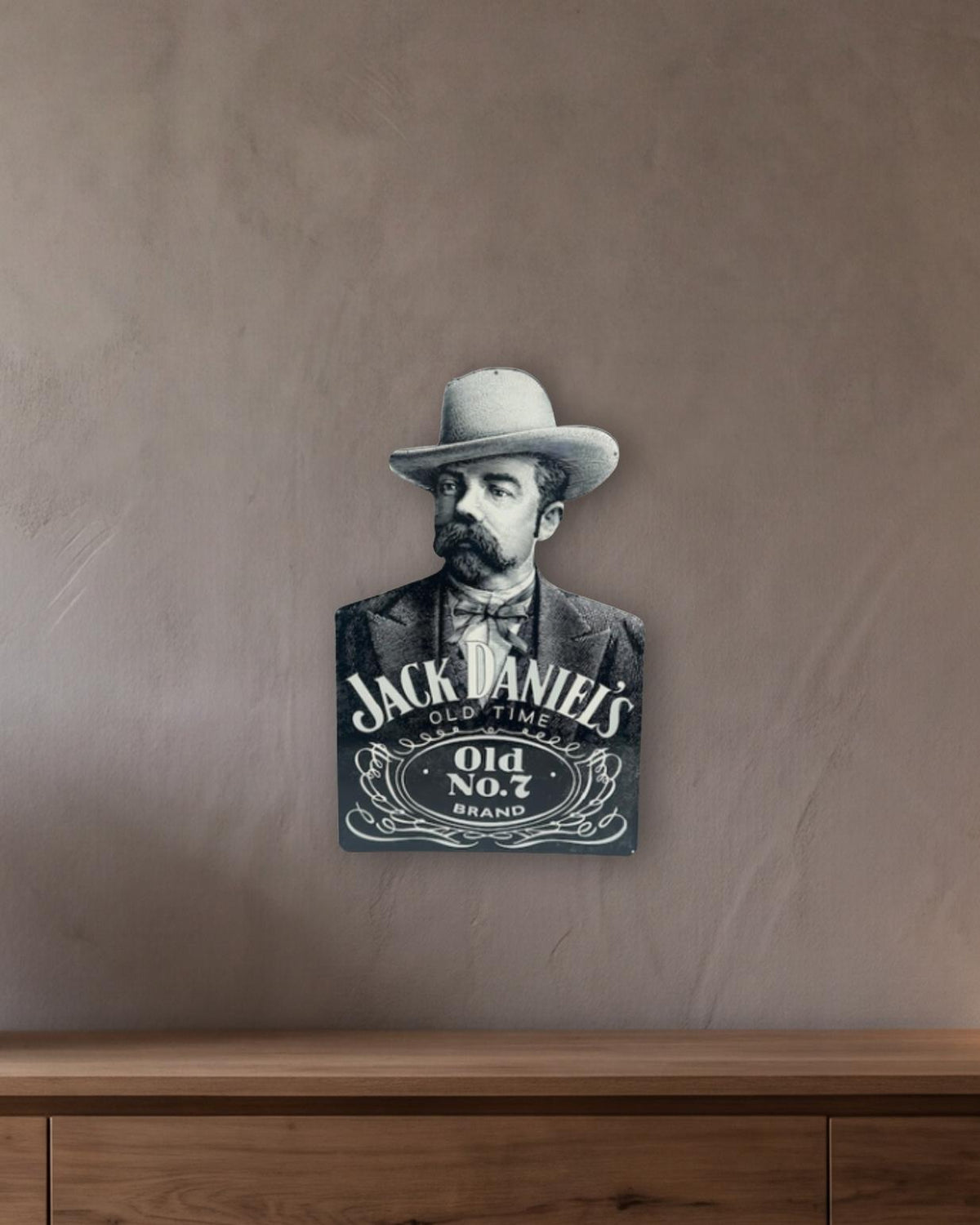Jack Daniel's Old No. 7 Portrait Retro Metal Sign shown in a room with a long oak sideboard - scale render at 380 x 600mm