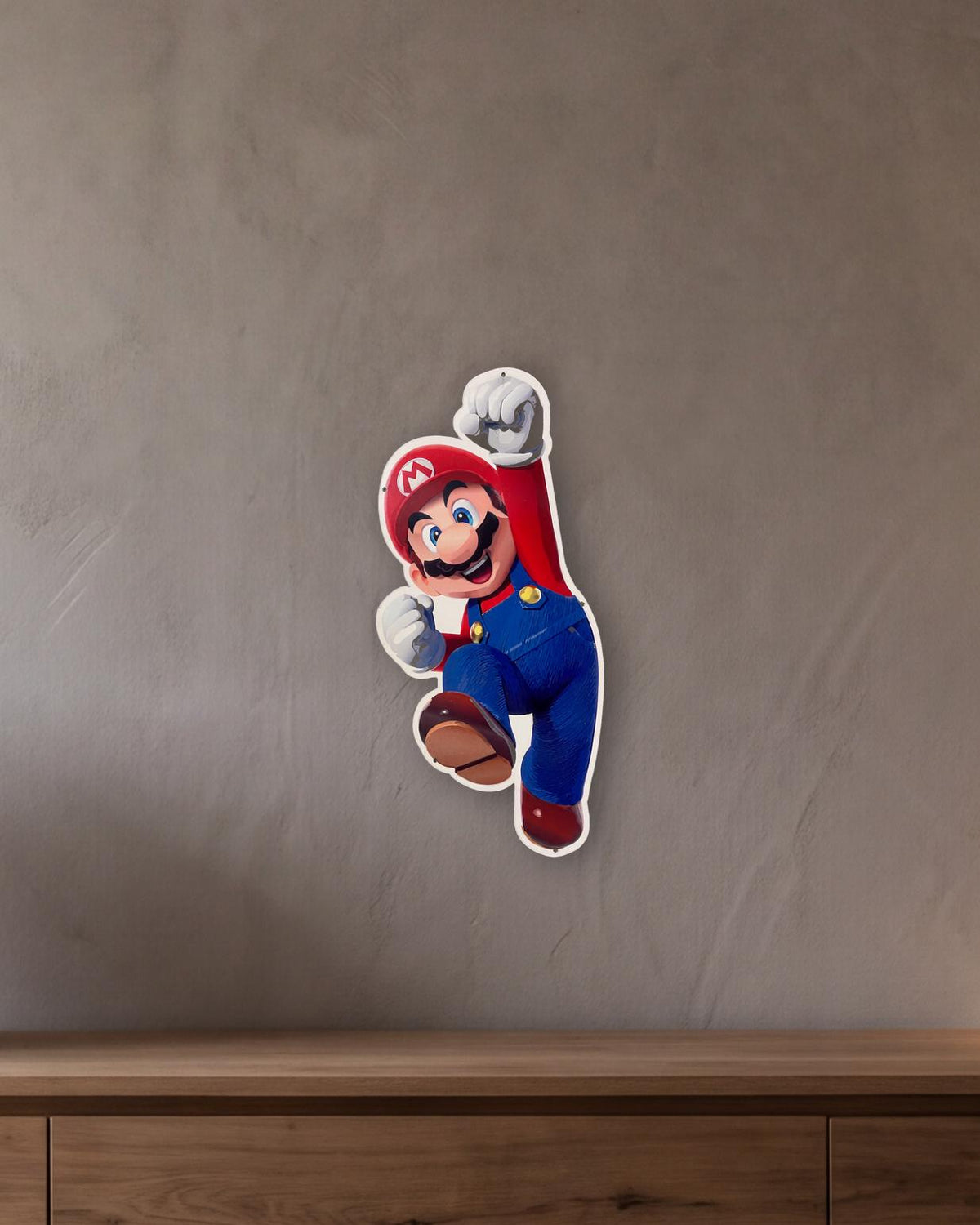 Super Mario Jumping Retro Metal Sign - 300 x 600mm shown in a room with a long oak sideboard - scale render at 300 x 600mm