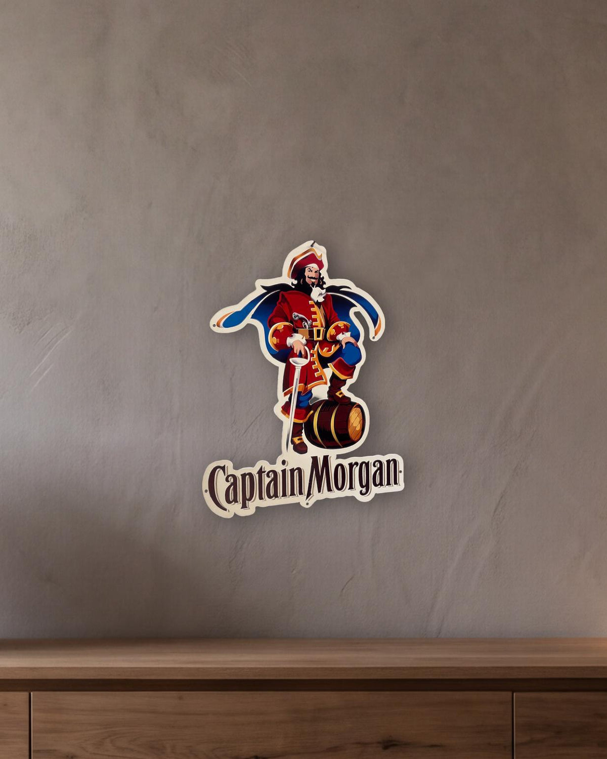 Captain Morgan Retro Metal Sign - 450 x 550mm shown in a room with a long oak sideboard - scale render at 450 x 550mm