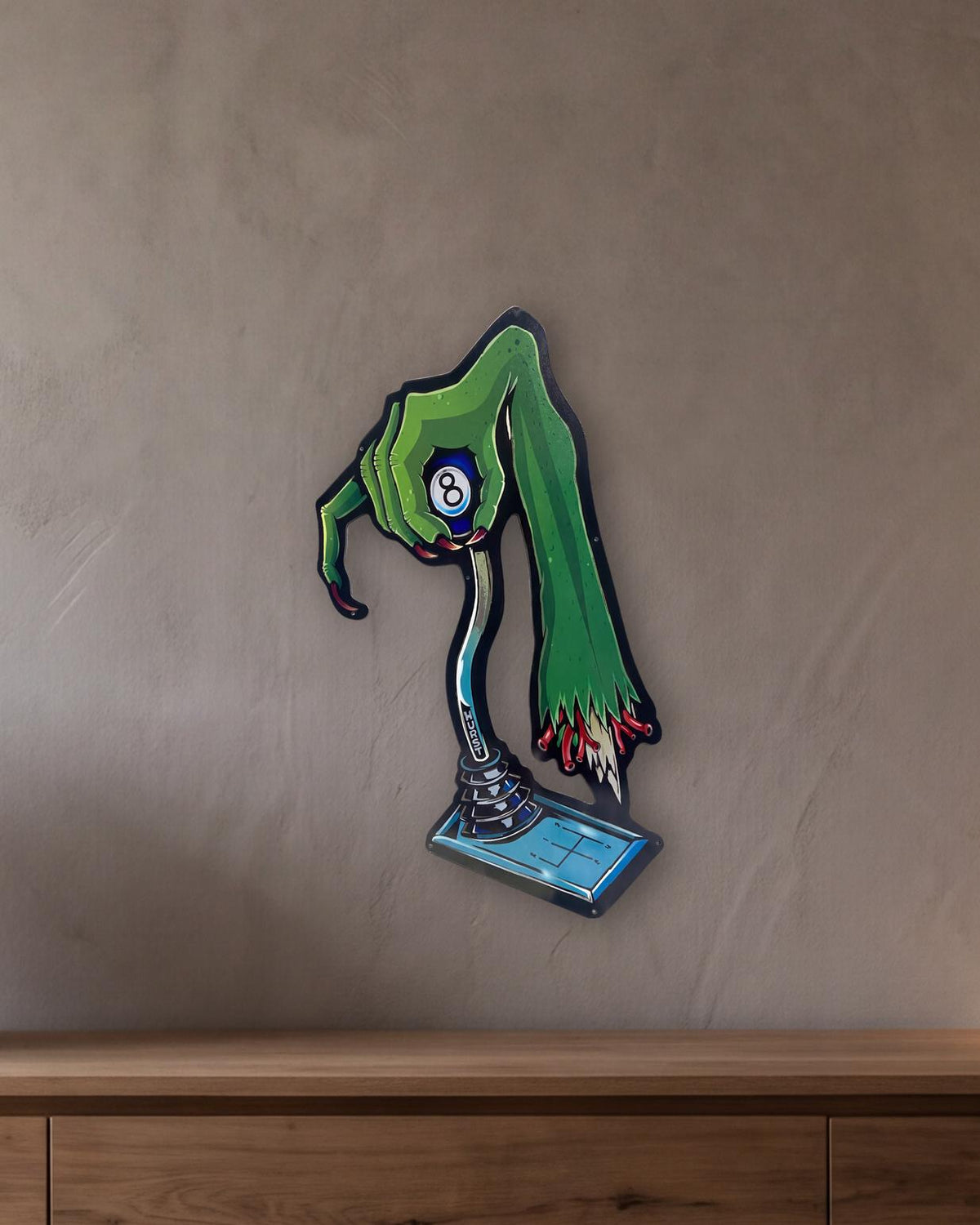 Rat Fink Zombie Hurst Shifter Retro Metal Sign - 420 x 750mm shown in a room with a long oak sideboard - scale render at 420 x 750mm