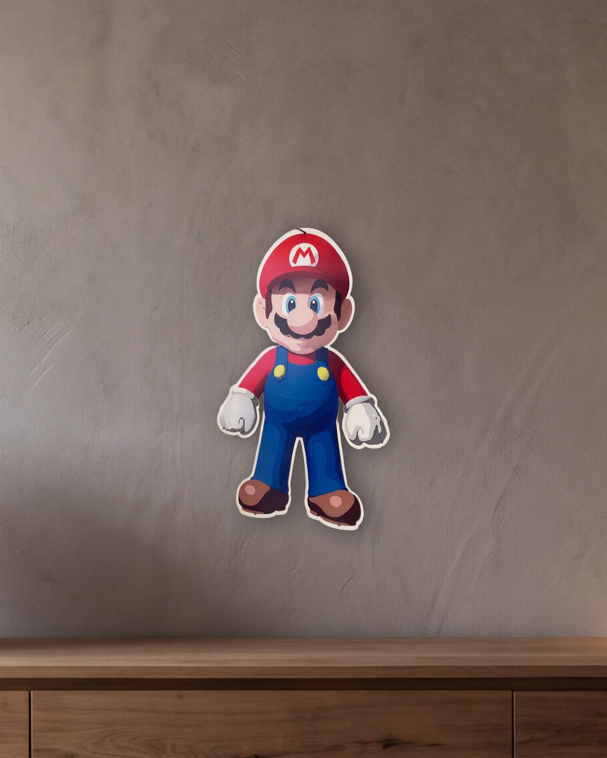 Super Mario Retro Metal Sign - 400 x 600mm shown in a room with a long oak sideboard - scale render at 400 x 600mm