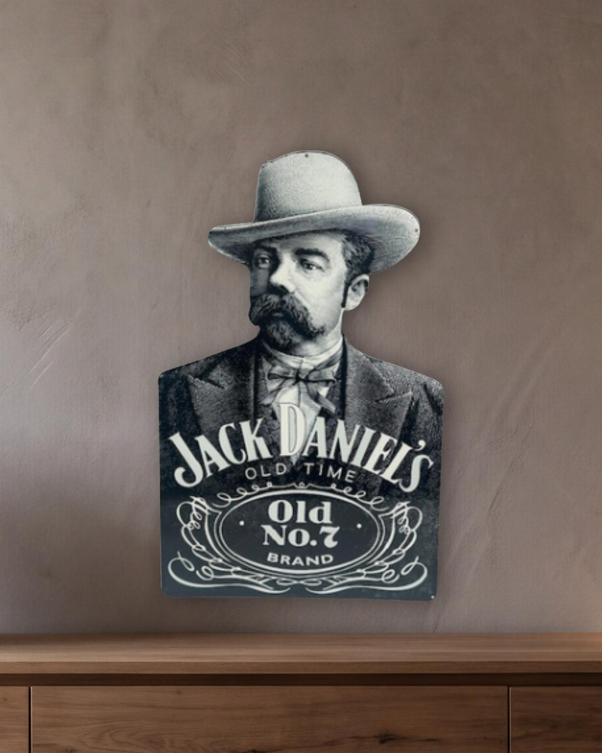 Jack Daniel's Old No. 7 Portrait Retro Metal Sign shown in a room with a long oak sideboard - scale render at 570 x 900mm