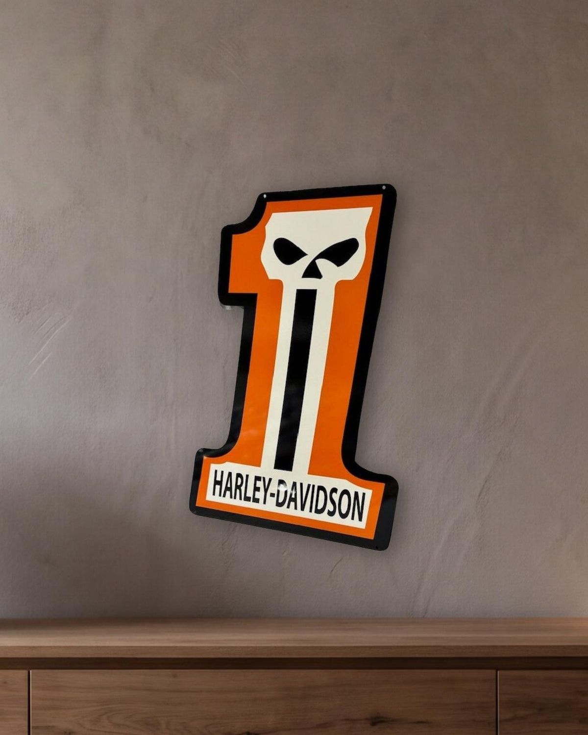 Harley Davidson Number 1 Skull Retro Metal Sign - 500 x 750mm shown in a room with a long oak sideboard - scale render at 500 x 750mm