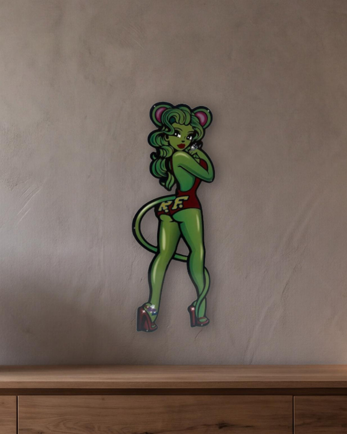 Rat Fink Miss Rat Retro Metal Sign - 300 x 800mm shown in a room with a long oak sideboard - scale render at 300 x 800mm