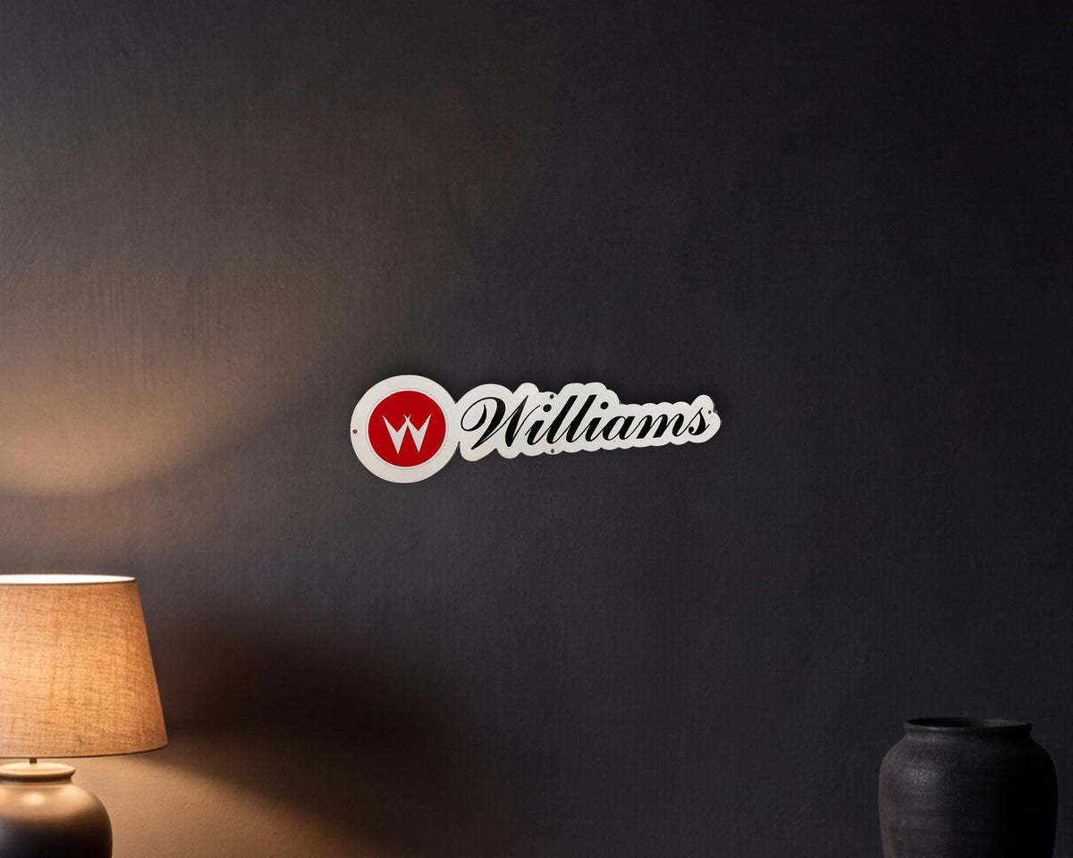 Williams Pinball Retro Metal Sign - 650 x 160mm shown in a night console - scale render at 650 x 160mm