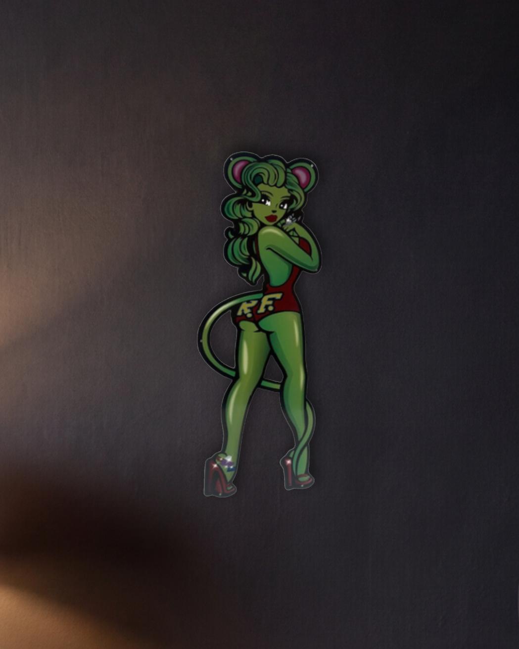 Rat Fink Miss Rat Retro Metal Sign - 300 x 800mm shown in a night console - scale render at 300 x 800mm