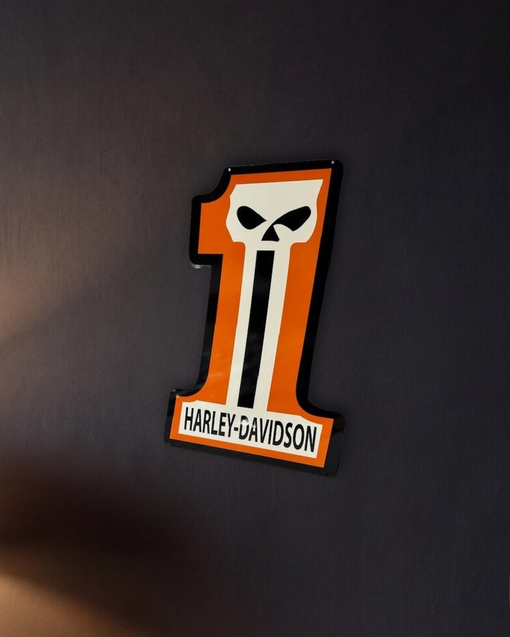 Harley Davidson Number 1 Skull Retro Metal Sign - 500 x 750mm shown in a night console - scale render at 500 x 750mm