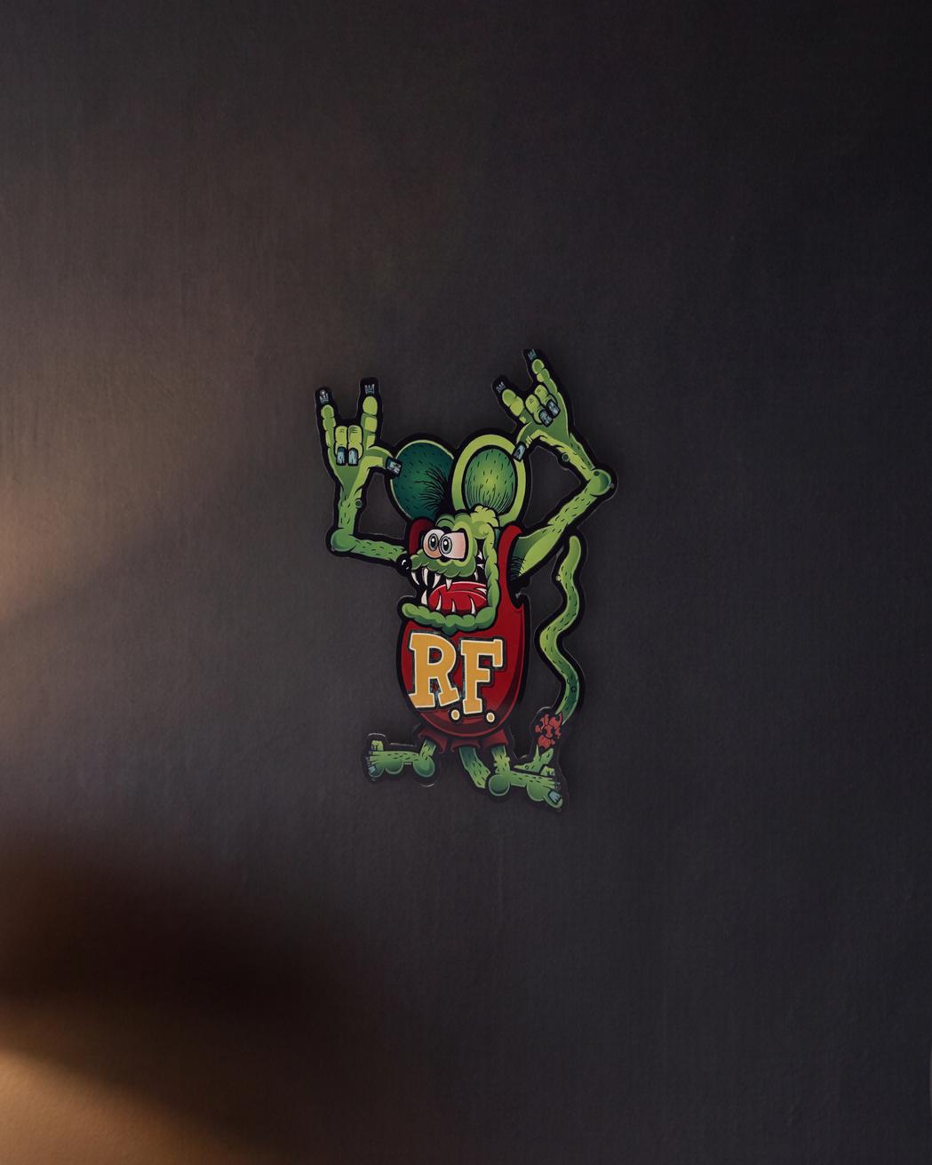Rat Fink Scary Retro Metal Sign - 430 x 600mm shown in a night console - scale render at 430 x 600mm
