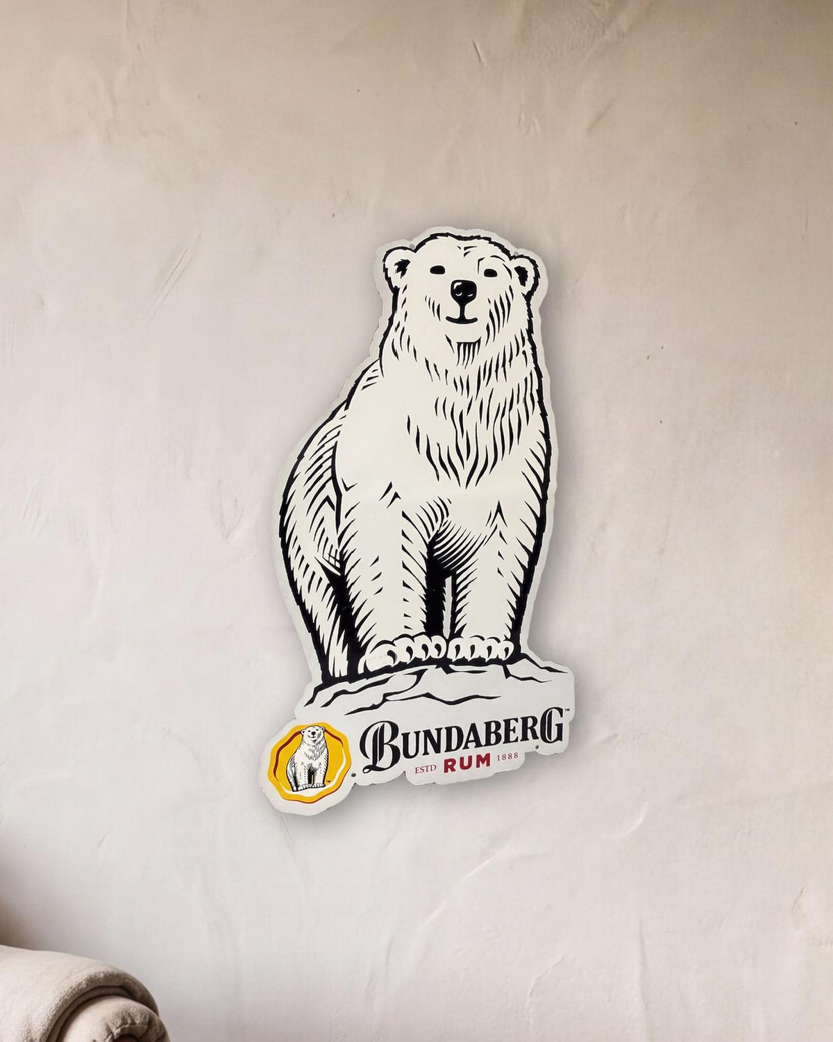 Bundy Bear Die-cut Retro Metal Sign - 500 x 850mm shown in a reading corner - scale render at 500 x 850mm