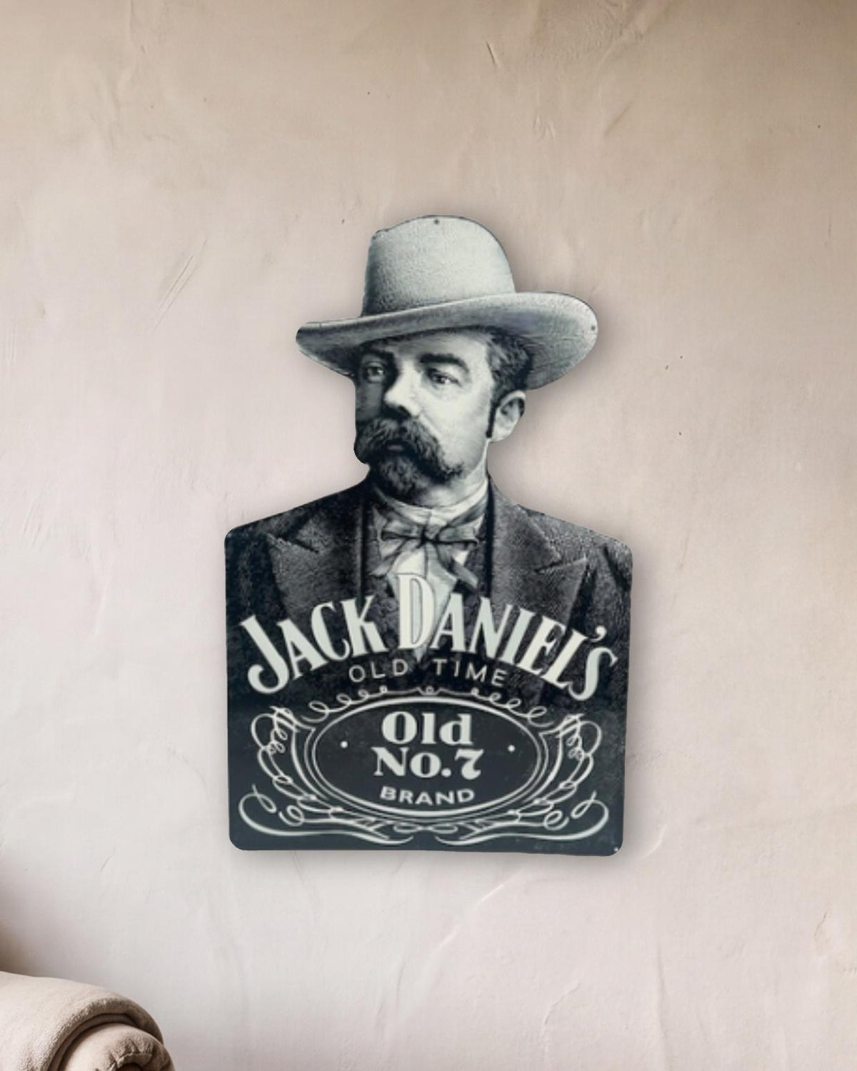 Jack Daniel's Old No. 7 Portrait Retro Metal Sign shown in a reading corner - scale render at 570 x 900mm