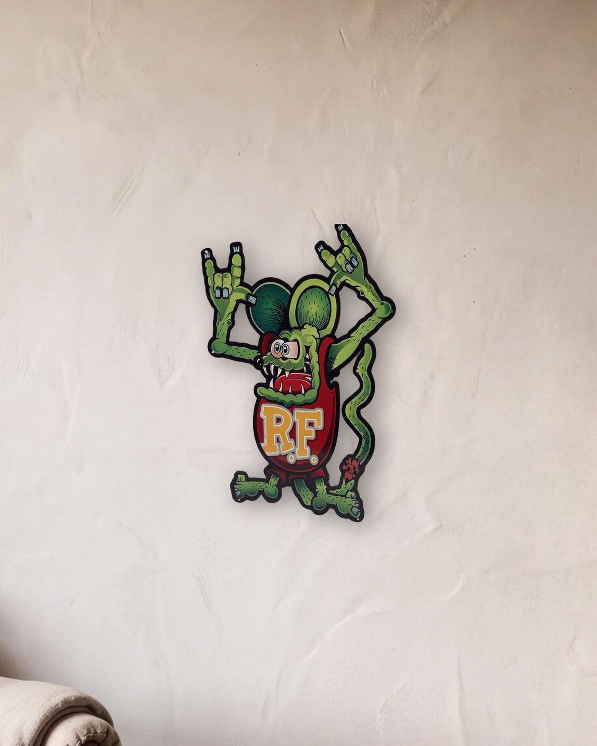 Rat Fink Scary Retro Metal Sign - 430 x 600mm shown in a reading corner - scale render at 430 x 600mm