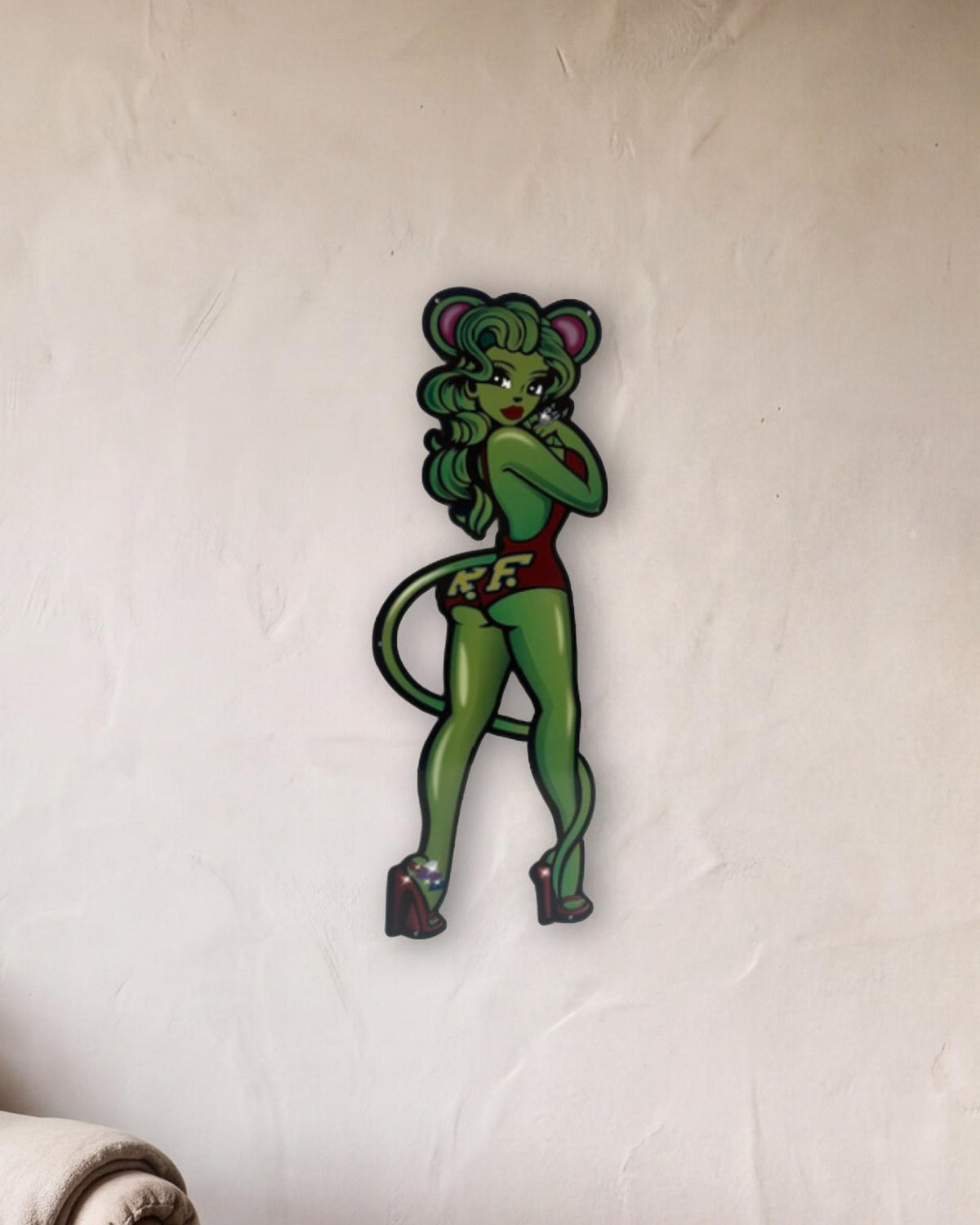 Rat Fink Miss Rat Retro Metal Sign - 300 x 800mm shown in a reading corner - scale render at 300 x 800mm