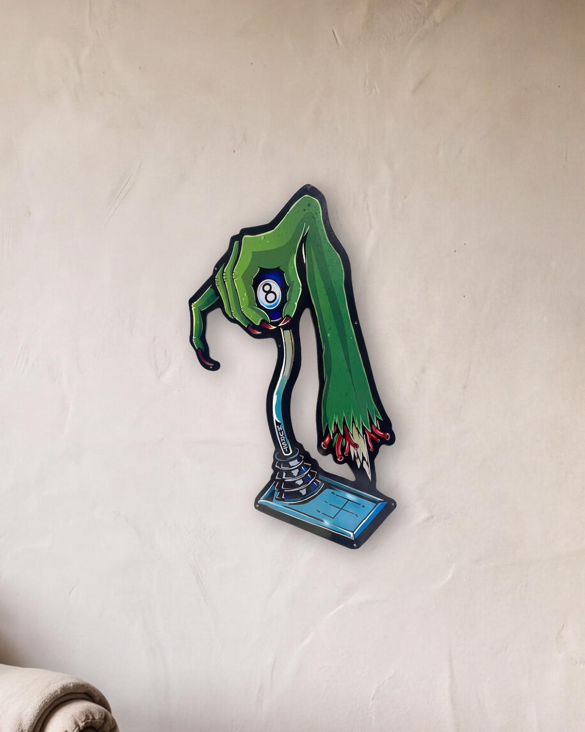 Rat Fink Zombie Hurst Shifter Retro Metal Sign - 420 x 750mm shown in a reading corner - scale render at 420 x 750mm