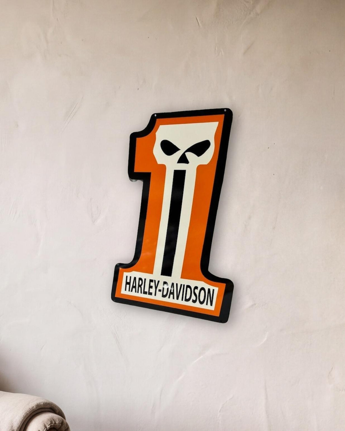 Harley Davidson Number 1 Skull Retro Metal Sign - 500 x 750mm shown in a reading corner - scale render at 500 x 750mm