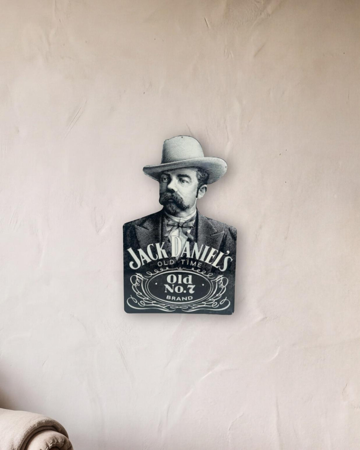 Jack Daniel's Old No. 7 Portrait Retro Metal Sign shown in a reading corner - scale render at 380 x 600mm