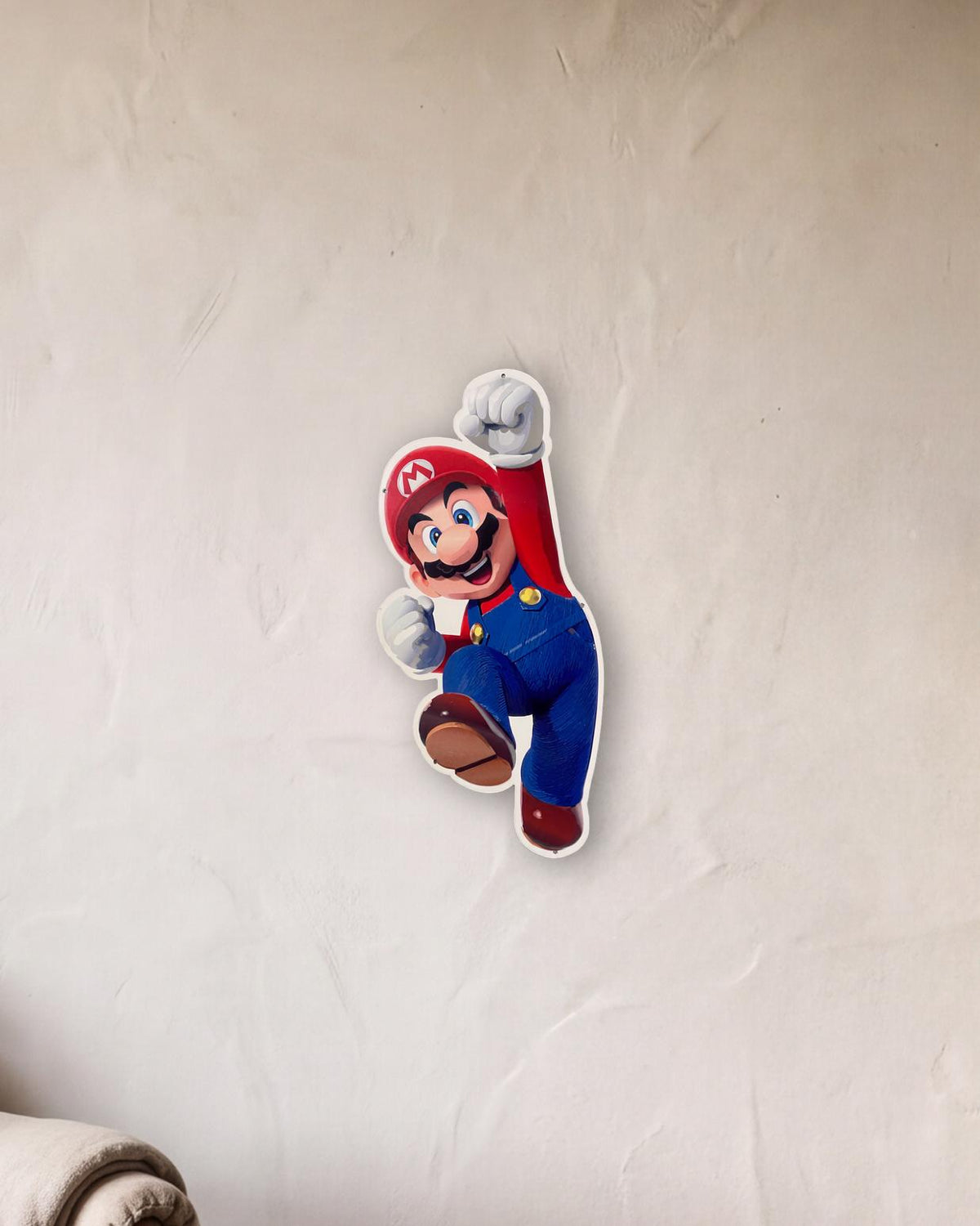 Super Mario Jumping Retro Metal Sign - 300 x 600mm shown in a reading corner - scale render at 300 x 600mm