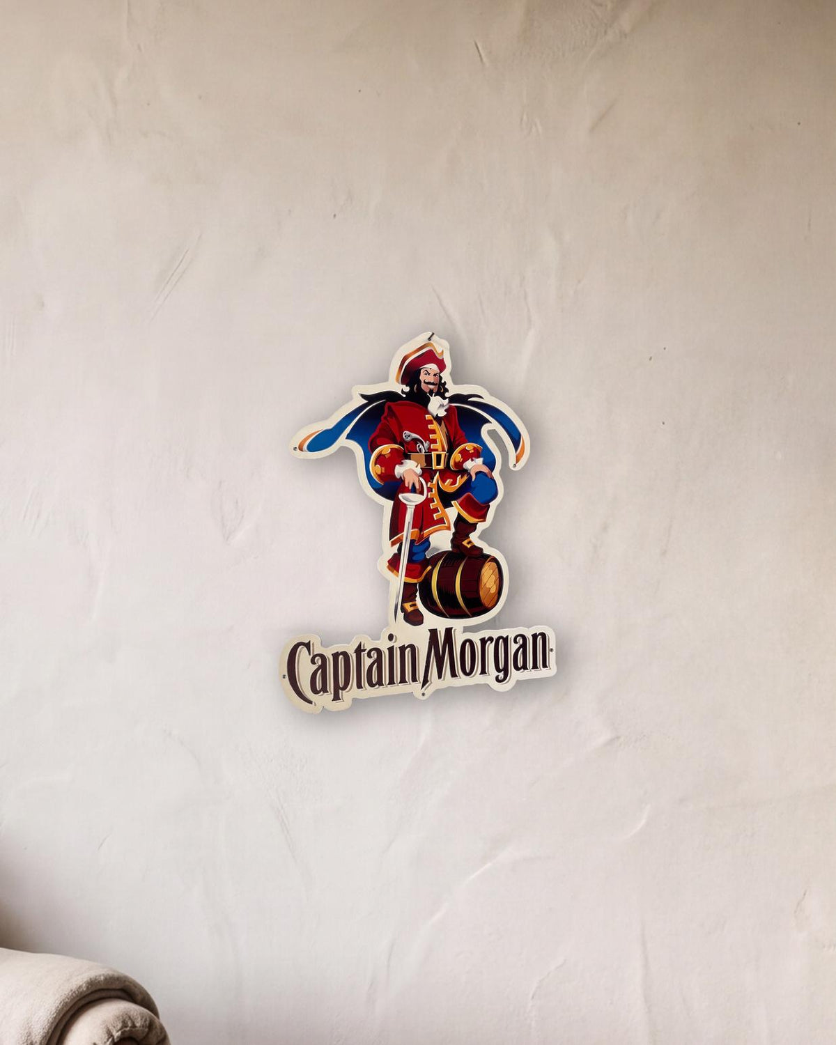 Captain Morgan Retro Metal Sign - 450 x 550mm shown in a reading corner - scale render at 450 x 550mm