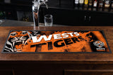 West Tigers NRL Premium Rubber-Backed Bar Mat Runner on a bar top