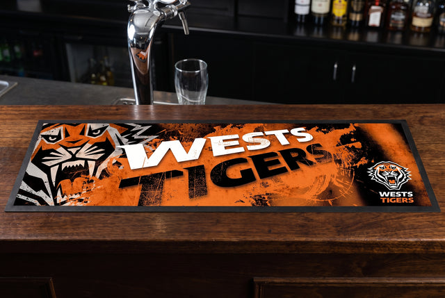 West Tigers NRL Premium Rubber-Backed Bar Mat Runner on a bar top