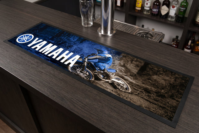 Yamaha Motorcycles Premium Rubber-Backed Bar Mat Runner on a bar top