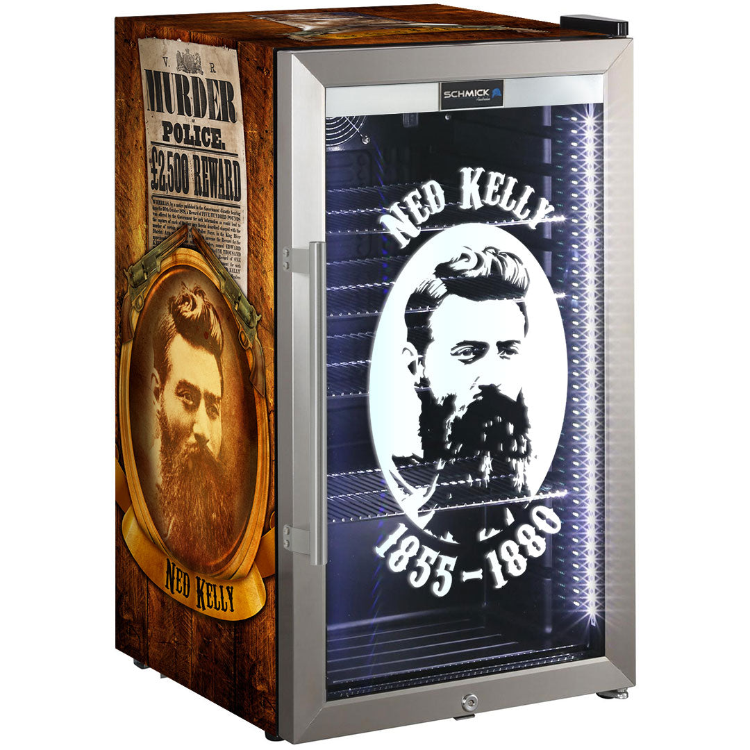 Ned Kelly Themed Alfresco Bar Fridge With Led Strip Lights, Lock and LOW E Glassed - HUS-SC88-SS-NED