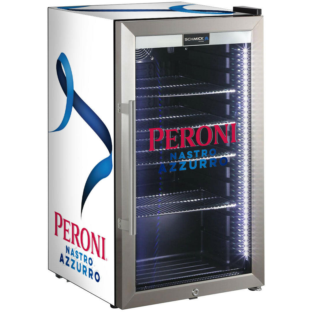 Peroni Themed Alfresco Bar Fridge With Led Strip Lights, Lock and LOW E Glassd - Model SC88-SS-PERONI