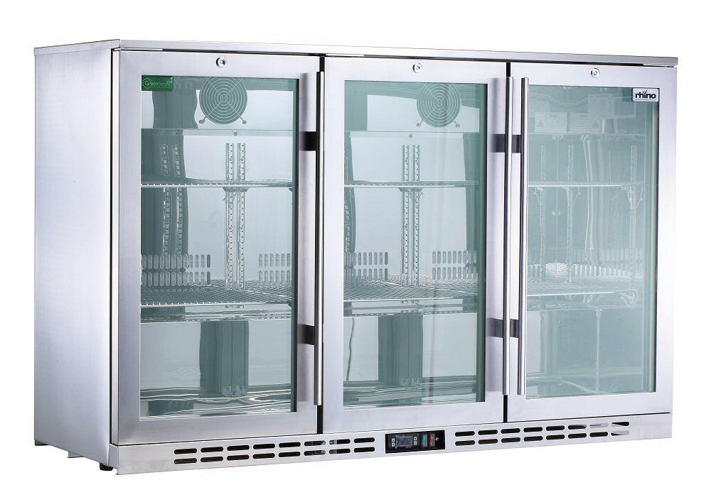 Rhino SG3H-HD - Stainless Steel 3 Door Heated Glass Bar Fridge
