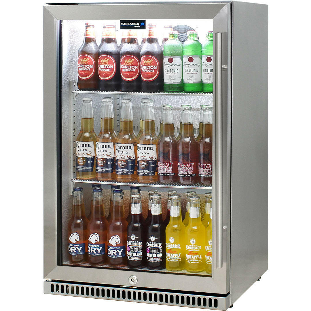 Schmick SK118L-SS - 304 Stainless Steel Bar Fridge Tropical Rated With Heated Glass and Triple Glazing
