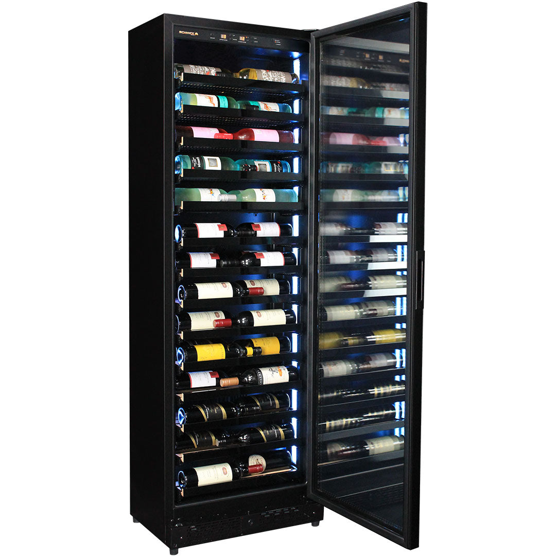 Upright Super Slim Depth Quiet Running Glass Front Wine Fridge With 5 x LED Color Options - Model SK168W