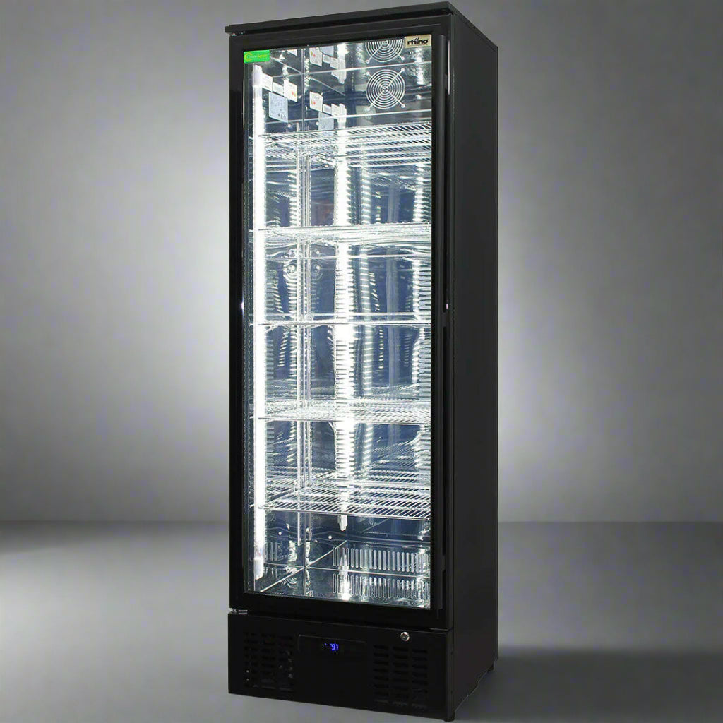 Rhino SGT1L-BS - Black Commercial Upright Triple Glass Door Bar Fridge Ultra Energy Efficient Left Hinged