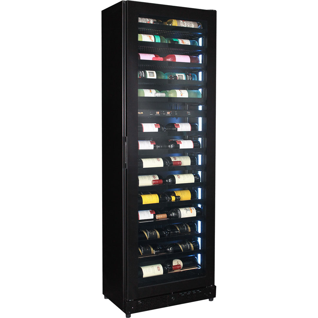 Upright Super Slim Depth Quiet Running Glass Front 2 Zone Wine Fridge With 5 x LED Colour Options - Model SK168D
