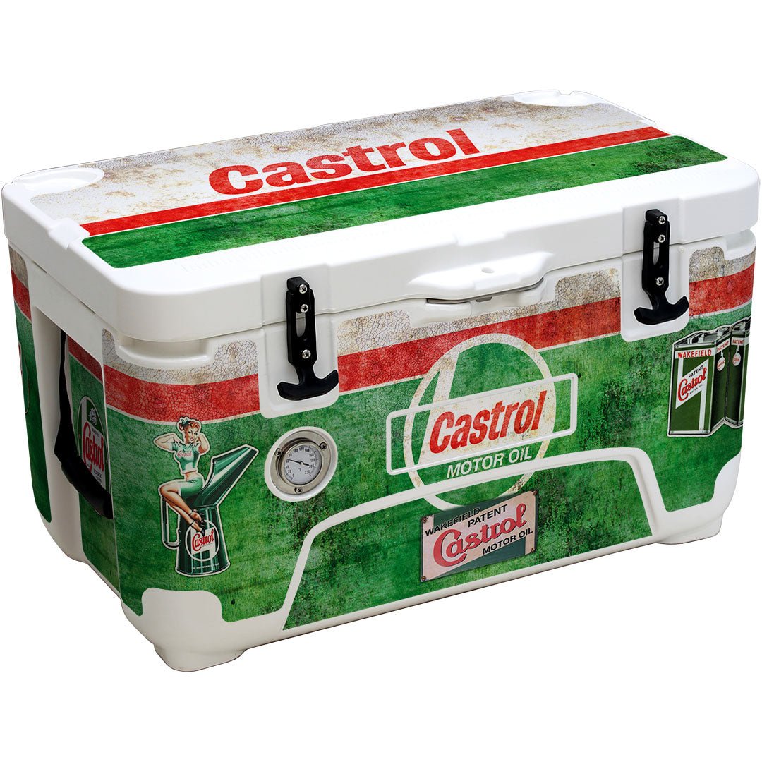 Castrol Rhino Vintage Fuel Brand Roto Molded Foam Injected 50 Litre Ice Box With Longest Ice Retention ES-50QT - Model ES-50FP-CASTROL - KING CAVE
